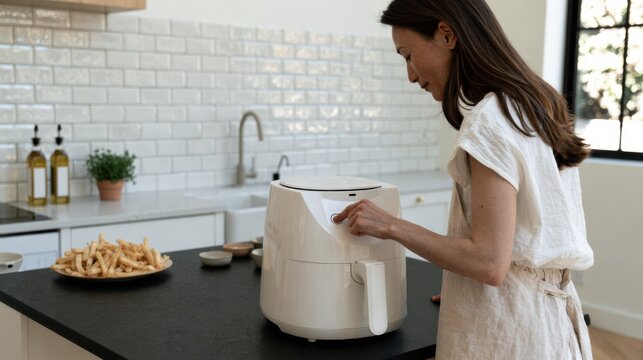 Woman using air fryer in modern home kitchen preparing fries