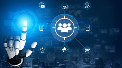 Obraz premium Futuristic Robotic Hand Interacting with Digital Marketing Icons Representing SEO Advertising Analytics and Social Media Strategy Concepts. Glyphic.