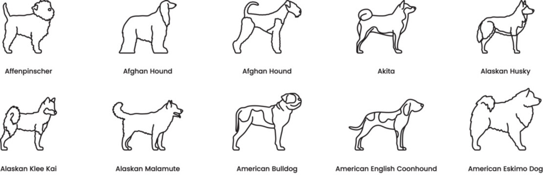 dog collection, line art, side view, husky, bulldog, akita, malamute, hound, Alaskan, editable stroke, vector, illustration