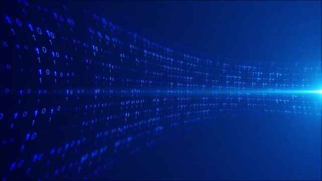 Blue binary data wall background with glowing ones and zeros, bright lens flare, and digital tunnel perspective. Perfect for technology videos, software intros, coding screens, and cyber overlays.
