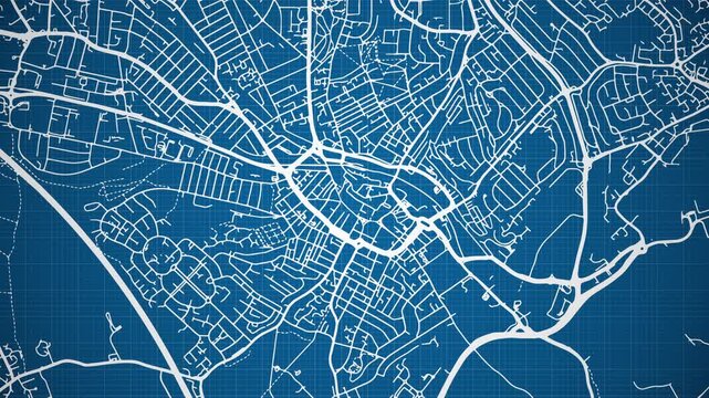 Ink reveal animation of Luton city, Bedfordshire, England, United Kingdom, grid map. Aerial top view. Blueprint style. White lines with blue background. 4K Seamless loop.