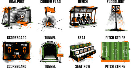 Grunge soccer stadium equipment vector set, 8 football field icons with orange paint splashes, athletic arena infrastructure elements © 成 sнıηяα тєηsєı ツ