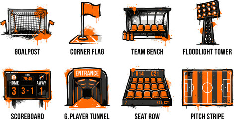 Soccer stadium icons set with orange graffiti style, 8 football arena elements including goalpost and scoreboard, urban sports vector illustrations © 成 sнıηяα тєηsєı ツ