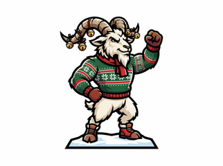 Obraz premium Heroic muscular winter goat mascot in a Christmas sweater. Strong holiday character standing on snow. Vector illustration for 2027 lunar zodiac