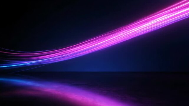 Abstract neon light trails moving across a dark reflective floor