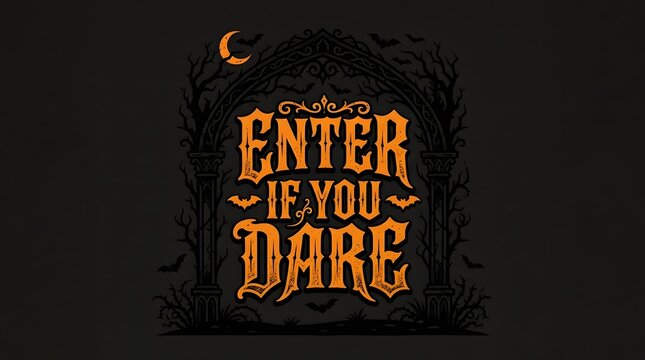 Enter if you dare typography spooky Halloween vector illustration with gothic arch and bats