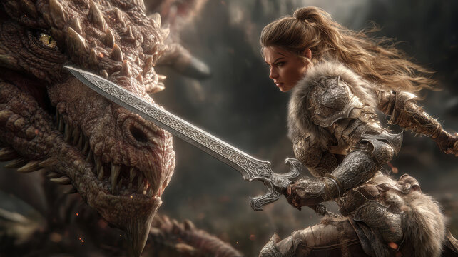 Fantasy wallpaper. A detailed fantasy artwork depicts a female warrior in full armor, wielding a long, ornate sword. She stands poised, ready to attack a menacing dragon with sharp teeth.