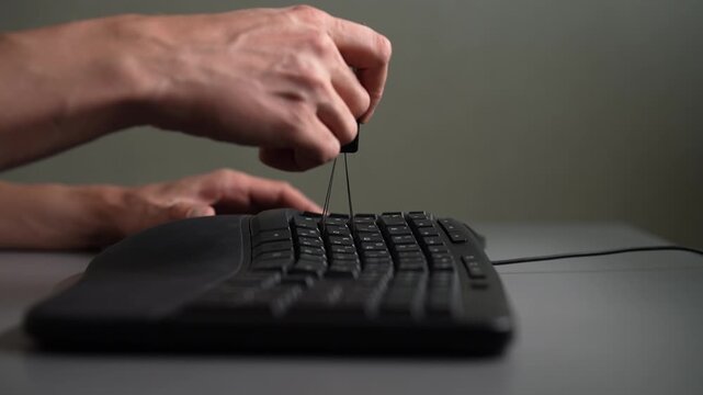 Close-up view of hands using special tool to remove keycap from black computer keyboard. Man cleaning, repairing, customizing personal computer hardware. Focus on maintenance and technology.