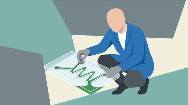 Technical scientific illustration of a microfluidic valve calibration process, highlighting precision control systems, laboratory instrumentation, and fluidic circuit engineering.