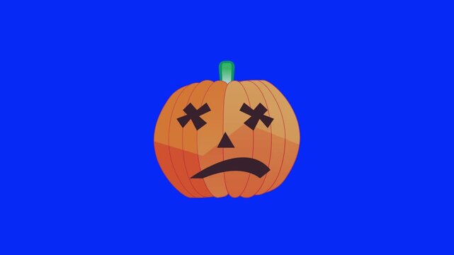 Sad Halloween pumpkin with cross eyes. Cartoon jack-o-lantern face on a blue background.