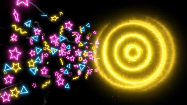 Abstract background with floating neon stars and triangles moving towards a glowing yellow energy ring