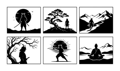 Fototapeta premium 70 Samurai Warrior Silhouettes, Japanese Bushido Art, Zen Meditation Scenes, Mountain Landscapes, Vector Icons Set 100