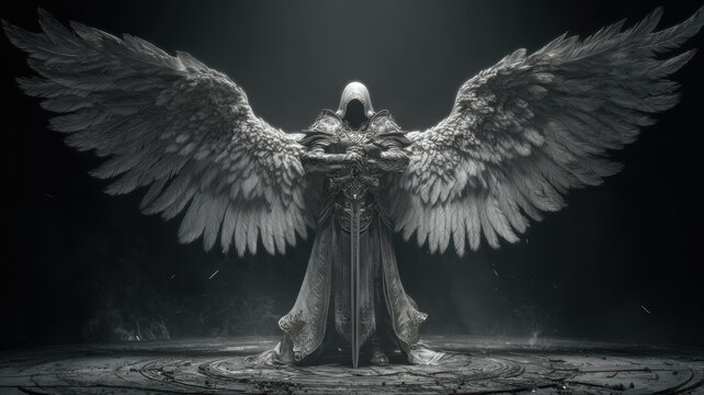 Fantasy wallpaper. A dramatic, monochromatic depiction of an angel with large, featherlike wings. The angel stands in a contemplative pose, holding a sword in one hand and a shield in the other.
