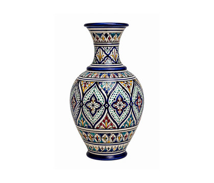 Traditional moroccan ceramic vase with ornate hand painted geometric patterns on white
