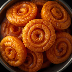 Fototapeta premium Traditional Indian jalebi soaked in sugar syrup close up dessert