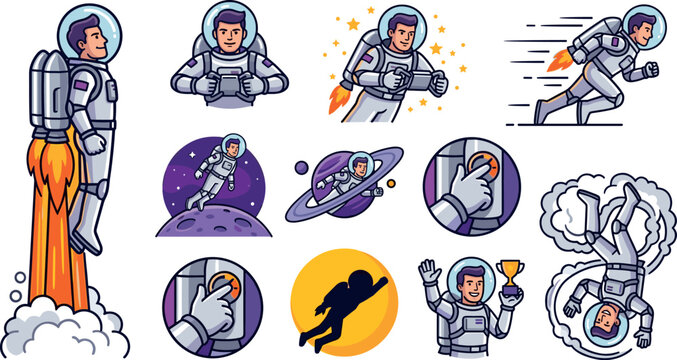 Cute Cartoon Astronaut Character Icon Set with Jetpack Flying, Moon Walk, Planet Exploration, and Space Adventure Concept Vectors