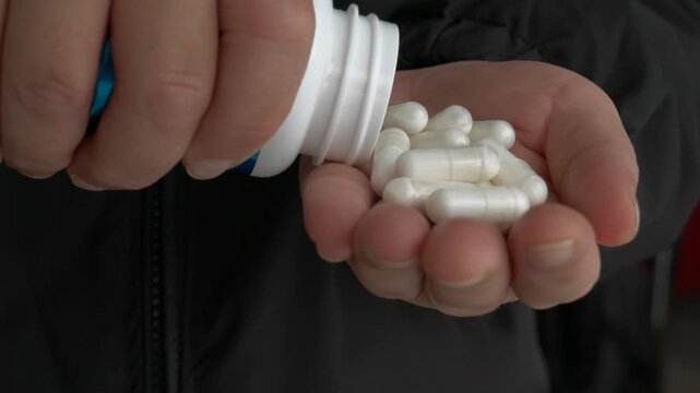 Close-up of a hand pouring white medical capsules from a bottle into an open palm, highlighting the daily health routine under soft lighting.