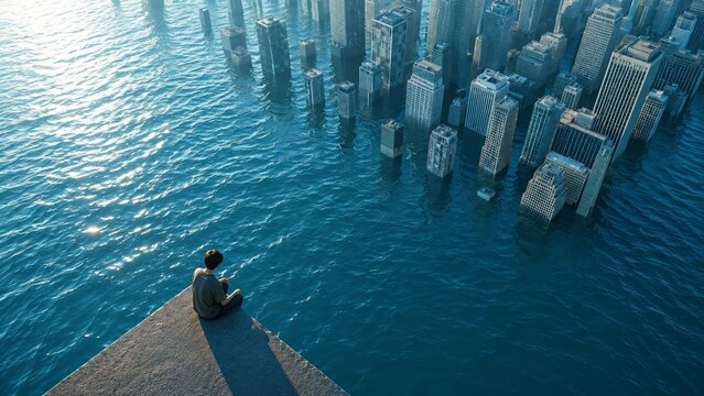 A man near a flooded city. A man sits by the water and looks at the flooded buildings. An atmosphere of loneliness and disaster.
