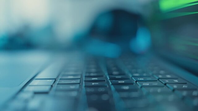 Extreme close up on finger pressing keyboard key at night in dark office. Male hacker or programmer lifting and then clicking on button to start process or initiate an action on laptop