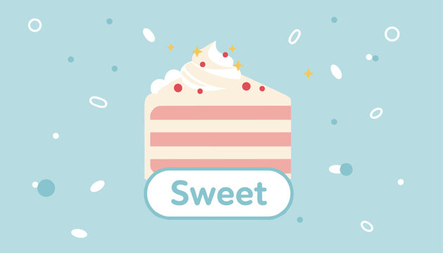 Slice of delicious pink layer cake decorated with cream and berries with sweet text on light blue background.