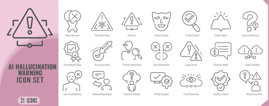 Ai hallucination warning icon set for artificial intelligence fact checking