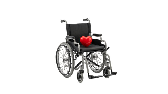 Manual wheelchair with red heart on seat, medical mobility equipment for disabled patients, healthcare and accessibility concept isolated PNG with Transparent Background