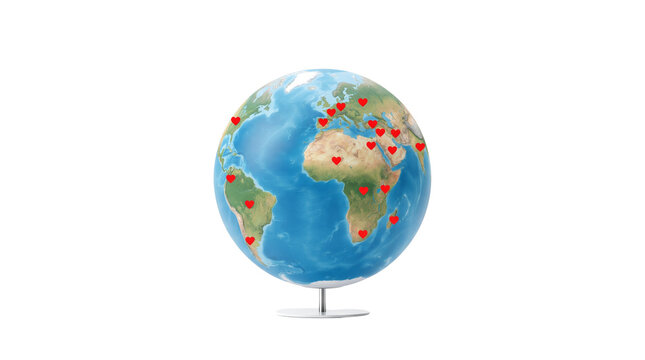 Global world globe with red heart pins, international travel and charity concept, earth map with love markers for humanitarian aid and tourism isolated PNG with Transparent Background