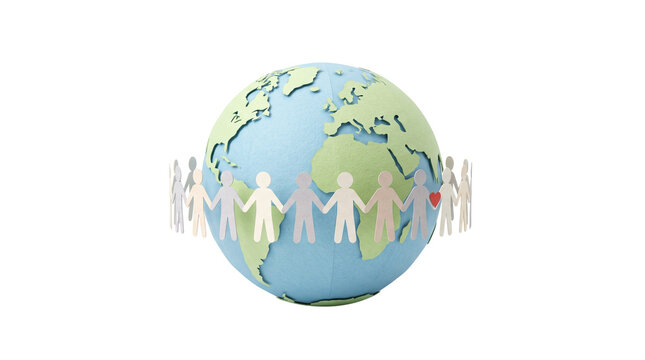 Global community concept with paper people holding hands around planet earth, world peace and unity illustration, diverse human connection and cooperation isolated PNG with Transparent Background