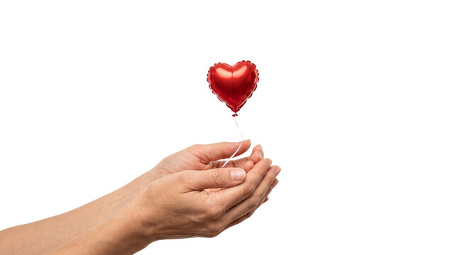 Red heart balloon floating above cupped hands, romantic love and care concept, metallic crimson heart shape held by female hands isolated PNG with Transparent Background