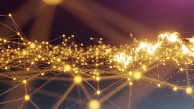 Abstract golden digital network connection with glowing nodes and energy flow representing advanced technology and data