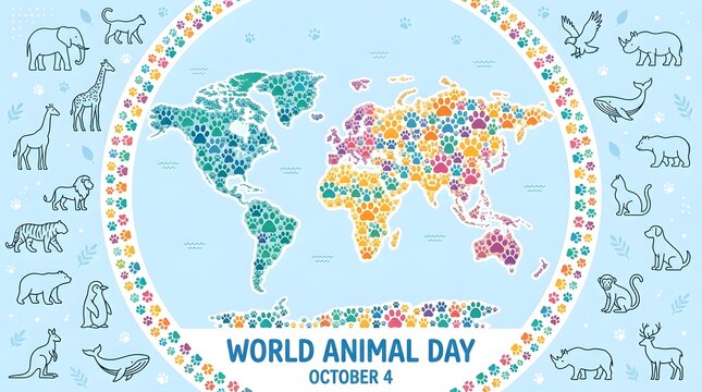 World Animal Day illustration with global map and diverse wildlife vector graphics