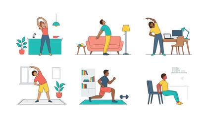 Fototapeta premium Vector illustration set of diverse people doing workout, stretching, and fitness exercises at home isolated on white background. (18 words)