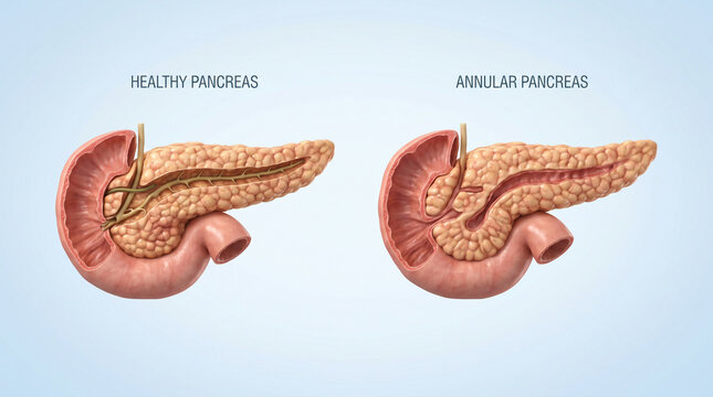 Healthy Pancreas vs Annular Pancreas Congenital Anomaly 3D Illustration