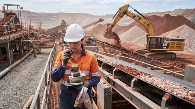 Mine processing area with excavator, conveyor belt, hematite and quartz stockpiles, and a geologist examining ore fragments beside a sorter.