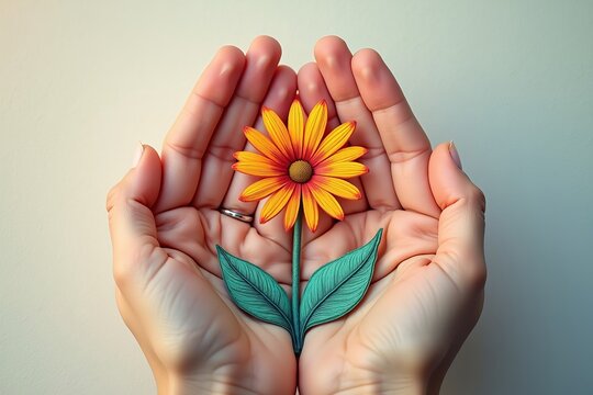 Intimate Capture of Hands Cradling a Vibrant Artistic Flower, Embodying Growth and Femininity Against a Soft Neutral Backdrop