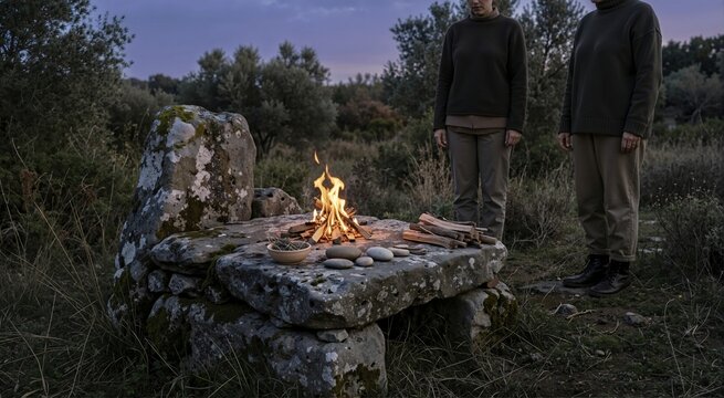 Ancient stone altar with fire burning at twilight. Outdoor spiritual ritual with herbs and stones. Historical ceremony and pagan tradition concept