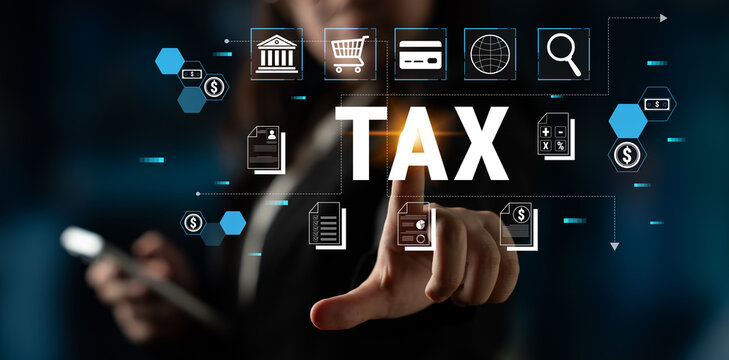 Business finance graphics with tax icons, calculator symbols, and digital elements in a modern workspace showing financial management and planning solutions Fluxor.