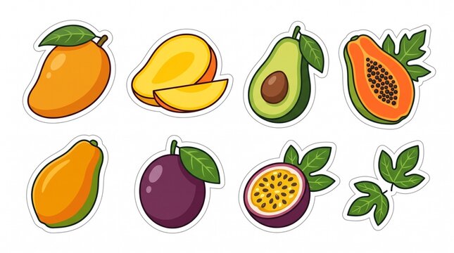 Vibrant tropical fruit sticker set featuring mango, avocado, papaya, and passion fruit, isolated vector elements on white background