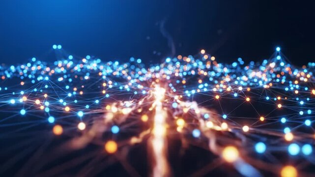Abstract digital network with glowing blue and orange nodes and a central light burst