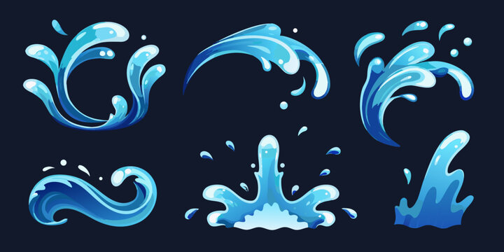 Collection Of Water Splashes And Waves Vector Illustration With Blue Tones