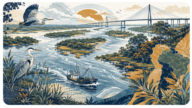 Paran&aacute; River illustrated postcard collage with wetlands, heron, river islands, bridge, fishing boat, and broad South American