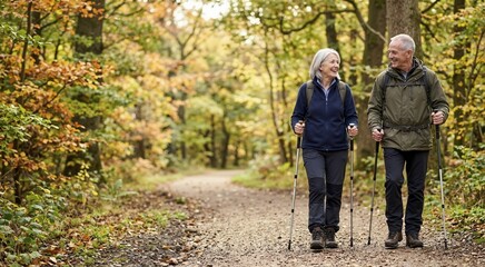 Obraz premium Senior couple hiking with walking sticks in autumn forest. Older man and woman walking on nature trail. Active retirement and World Arthritis Day concept