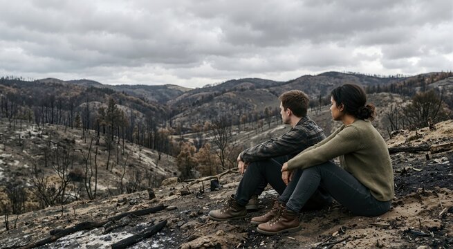 Young couple sitting and looking at a scorched forest landscape. Climate despair and wildfire destruction concept. People observing environmental damage under an overcast sky