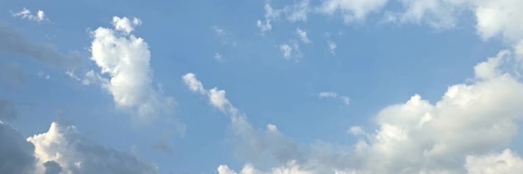 Cloudscape, Timelapse of Panoramic Blue Sky Background with White Cumulus Clouds for Wide Banner and Backdrop Design