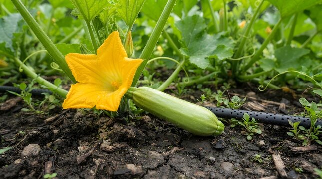 A vibrant yellow squash blossom blooms on a young zucchini plant growing in dark, rich soil within a lush vegetable garden with drip irrigation lines.