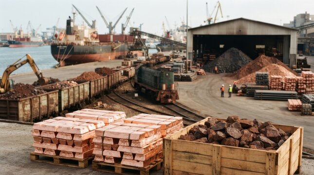 Copper ingots, hematite rocks, bulk carrier, rail wagons, and warehouse stacks suggesting rising regional metal ore demand