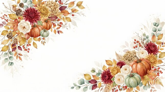 A beautiful watercolor autumn seasonal corner border illustration featuring vibrant orange pumpkins, deep red chrysanthemums, creamy white roses, golden fall foliage, and scattered red berries.