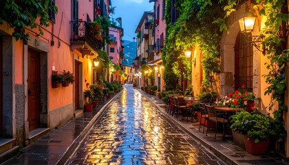 Naklejka premium Rainy evening in old european town.