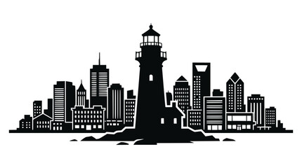 Fototapeta premium Lighthouse and modern cityscape silhouette, urban skyline, navigation beacon