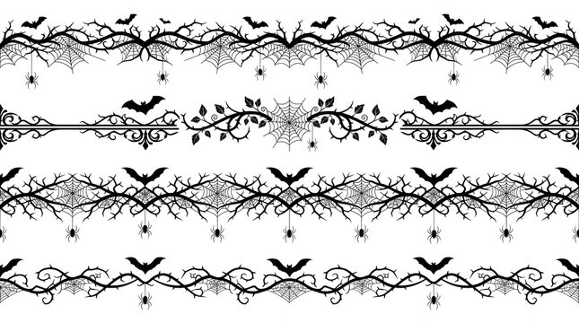 A set of four ornate Halloween themed decorative borders featuring intricate spider webs, hanging spiders, silhouettes of flying bats, and twisted thorny dark vine motifs.